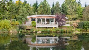 A modern house with a curved roof, a deck, and a pond in front. - Abbey -  a lodge that sleeps 6 guests  in 3 bedrooms (Richmond)