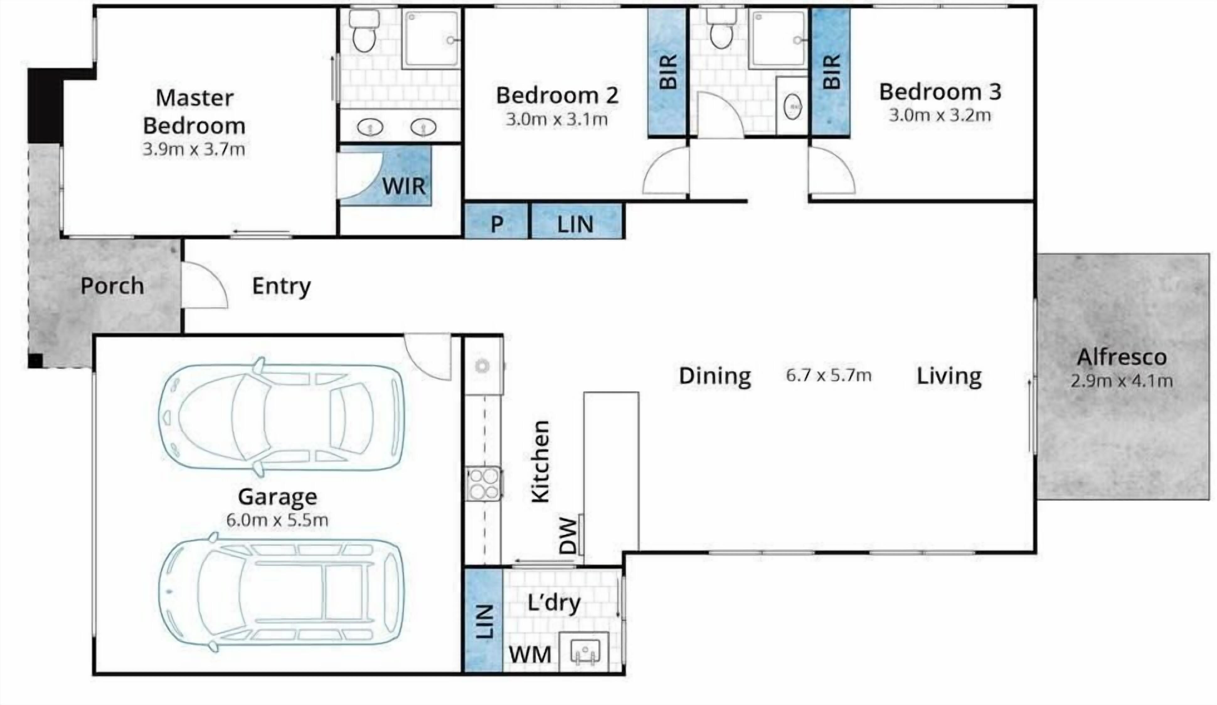 Plano de planta que muestra un dormitorio principal, tres dormitorios, comedor, cocina, sala de estar, garaje y entrada.