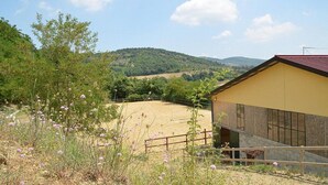 A rural property with a yellow building, a fenced field, and a hill in the background. - Casa Brina E: A characteristic and welcoming apartment that is part of an ancient country house made of stone, with Free WI-FI. (Monte Santa Maria Tiberina)