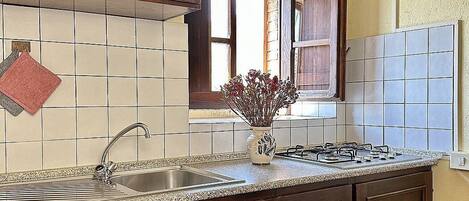 Una cocina con encimera de granito, pileta de acero inoxidable, armarios de madera, un florero con flores secas y una estufa a gas.