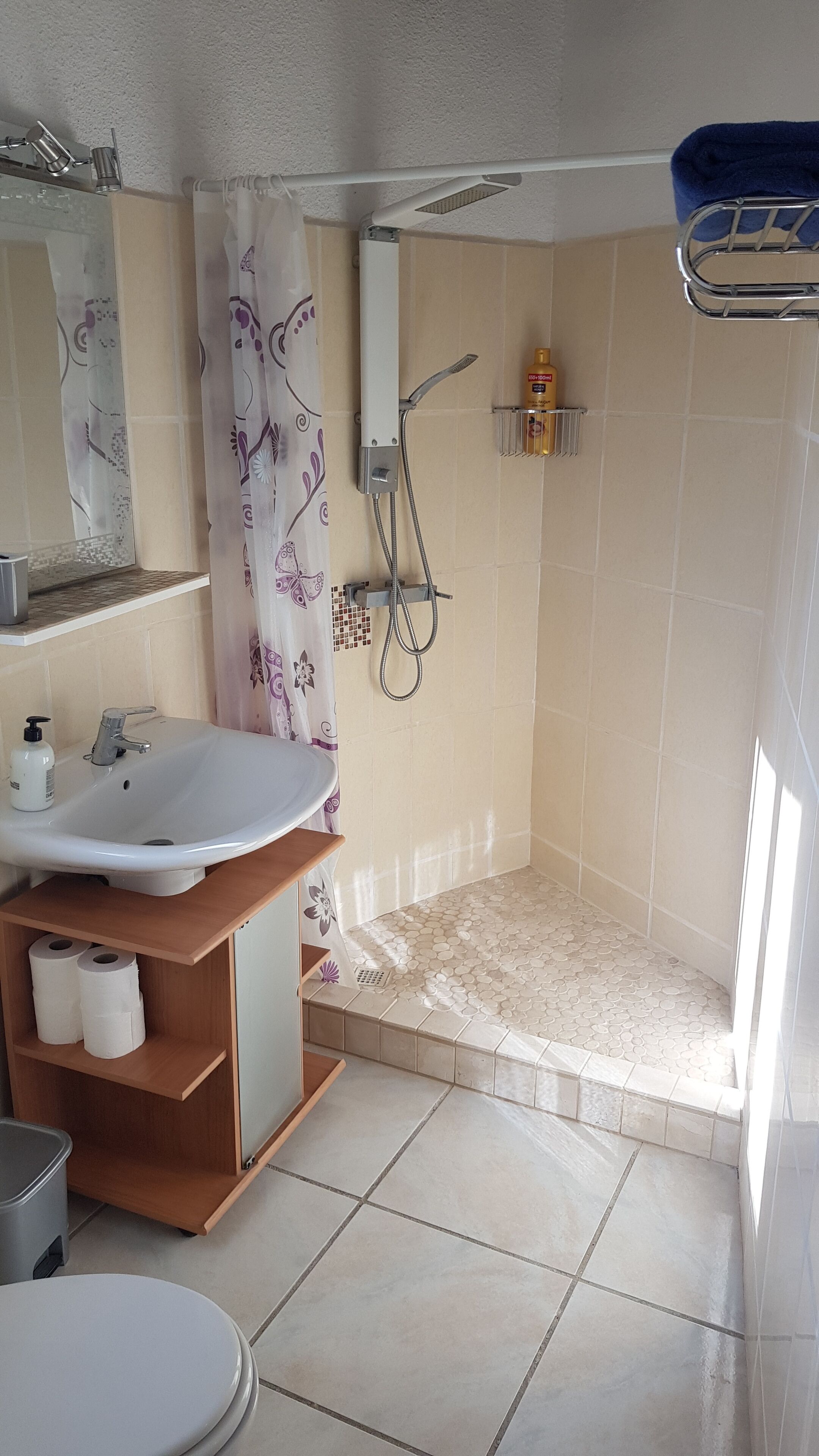 Et badeværelse med bruser, vask, toilet og en hylde med toiletartikler.