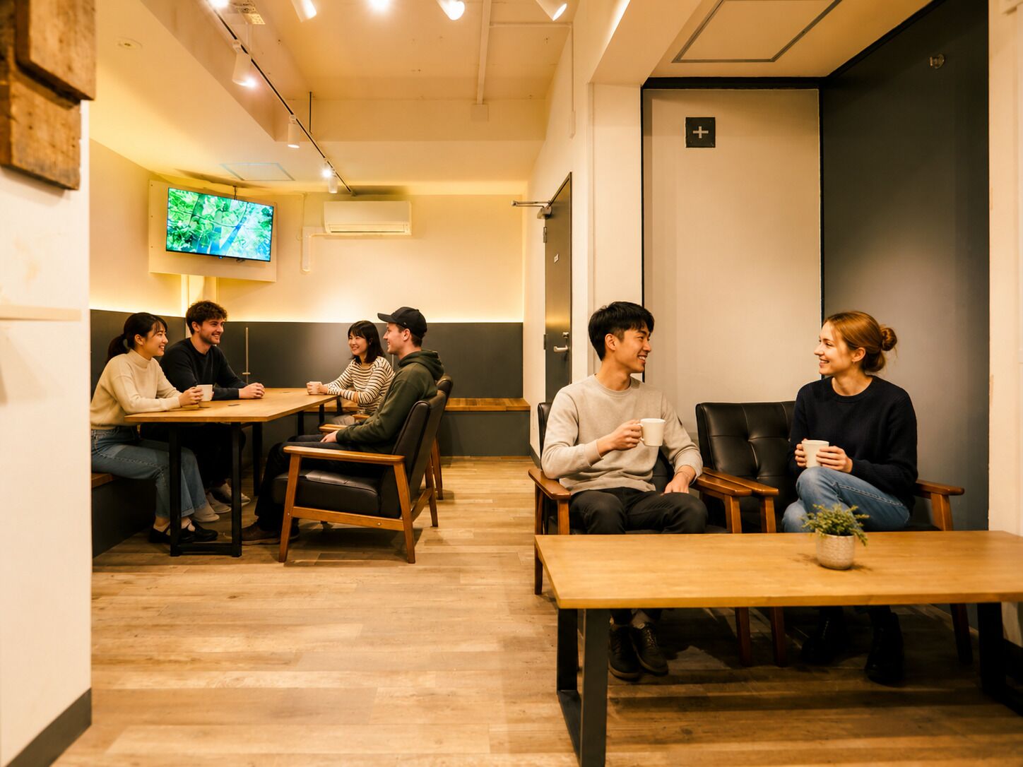 A modern meeting room with wooden tables and chairs, a flat-screen TV mounted on the wall, and a door with a sign.