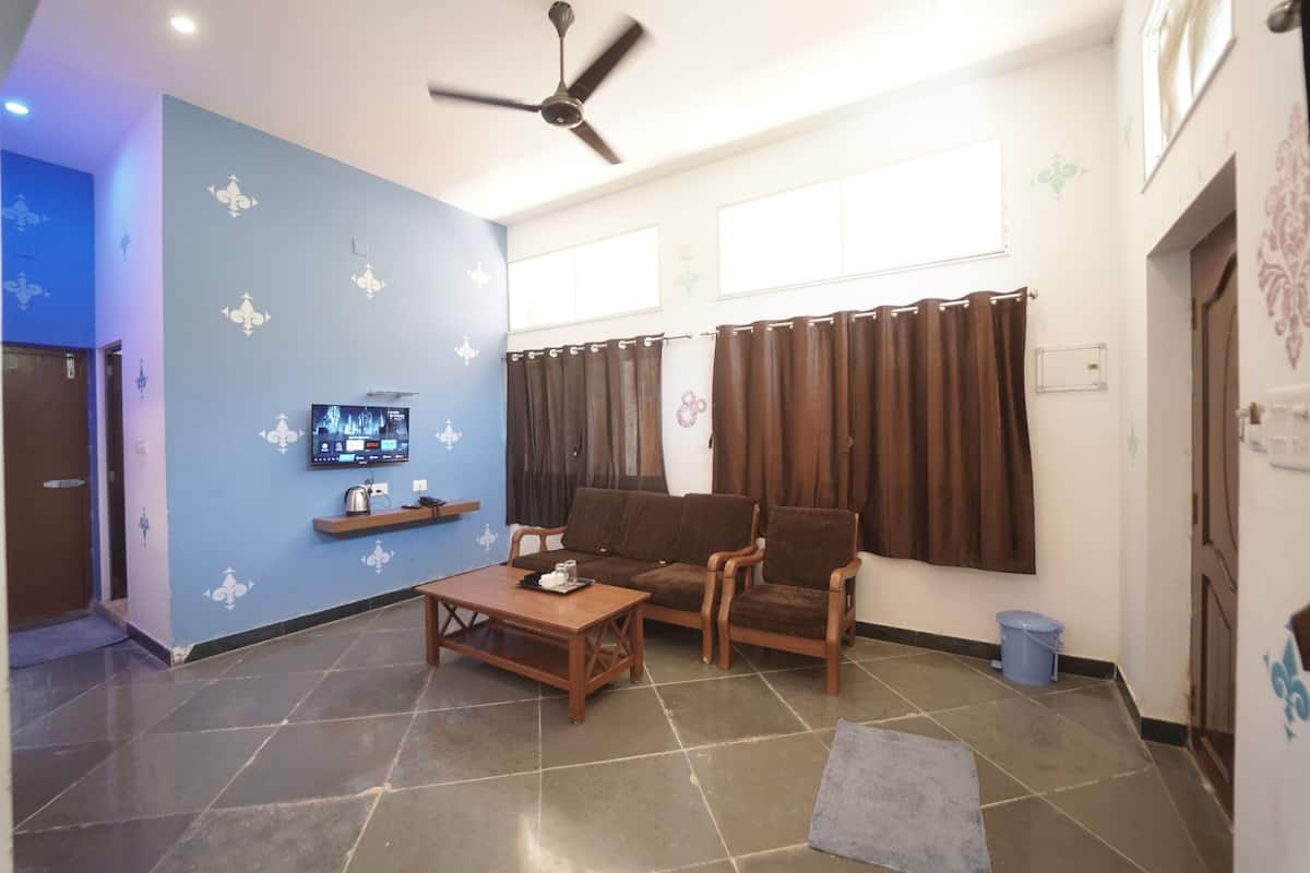 Un salon comprenant un canapé, un fauteuil, une table basse, un téléviseur et un ventilateur de plafond.