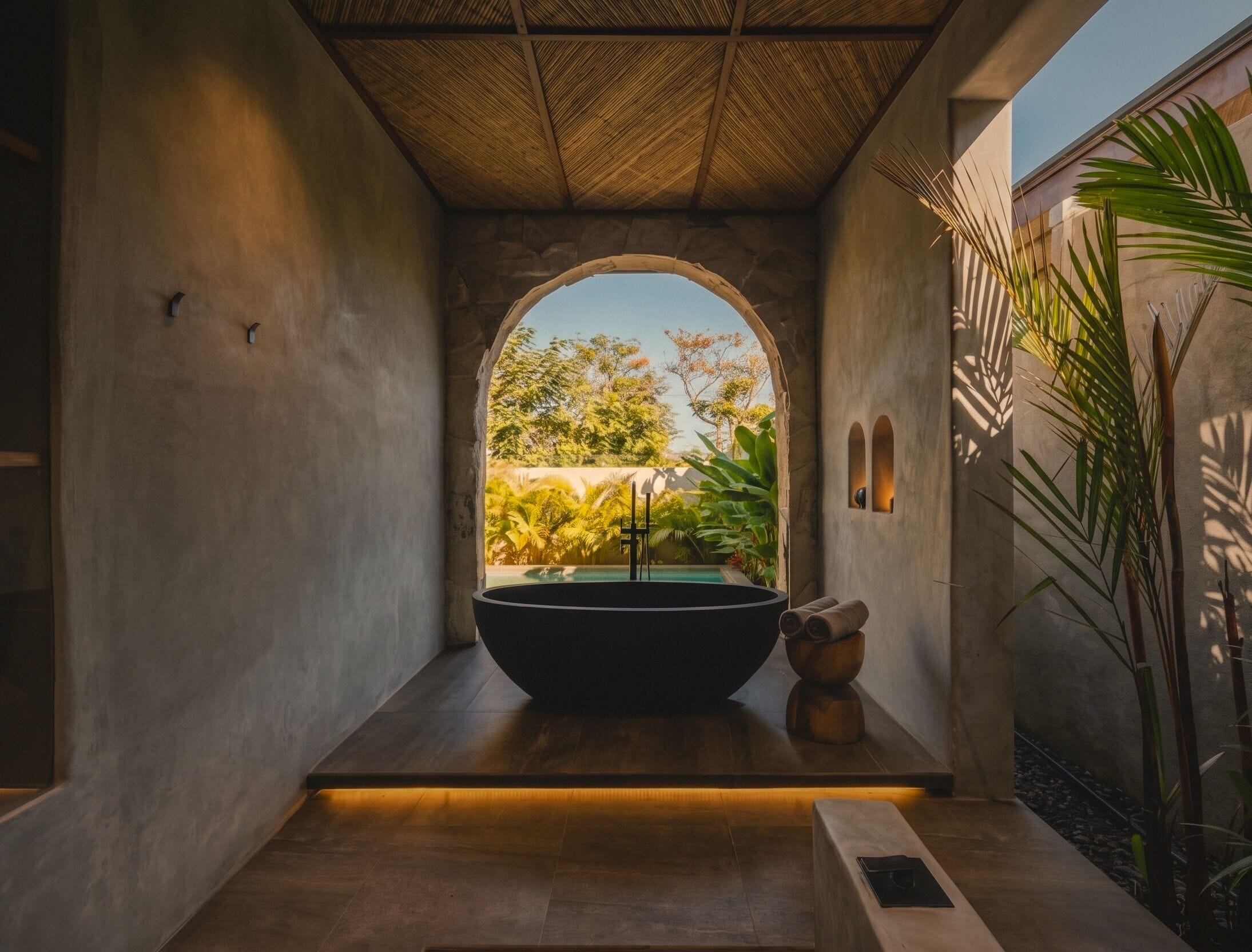 Villa, vue sur le jardin (Villa Kekaola) | Salle de bain | Baignoire et douche séparées, séchoir à cheveux, serviettes fournies