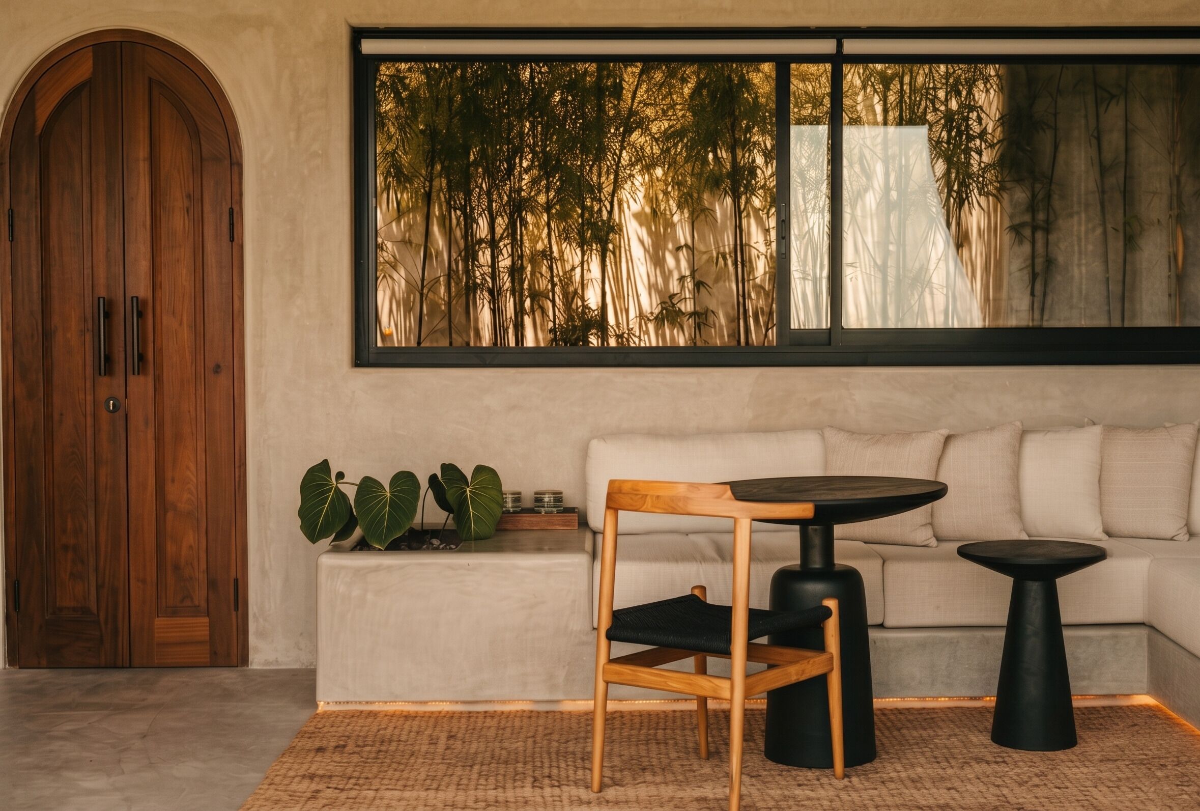 Una habitación con puerta de madera, un ventanal con vistas a bambú, un sofá, una mesa redonda y una silla.