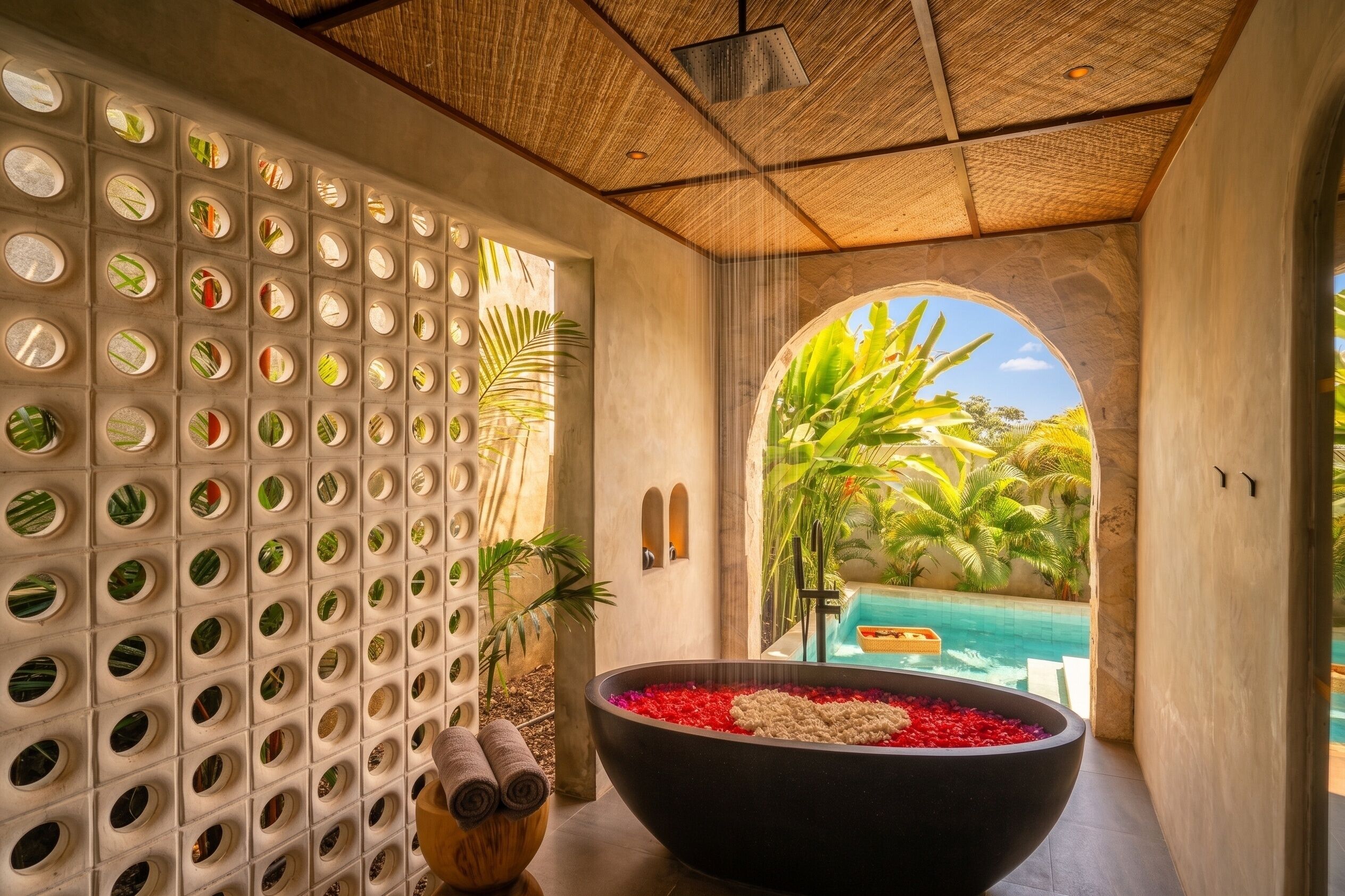Villa, vista al jardín (Villa Aia) | Baño | Tina y regadera independientes, secadora de cabello, toallas, shampoo 