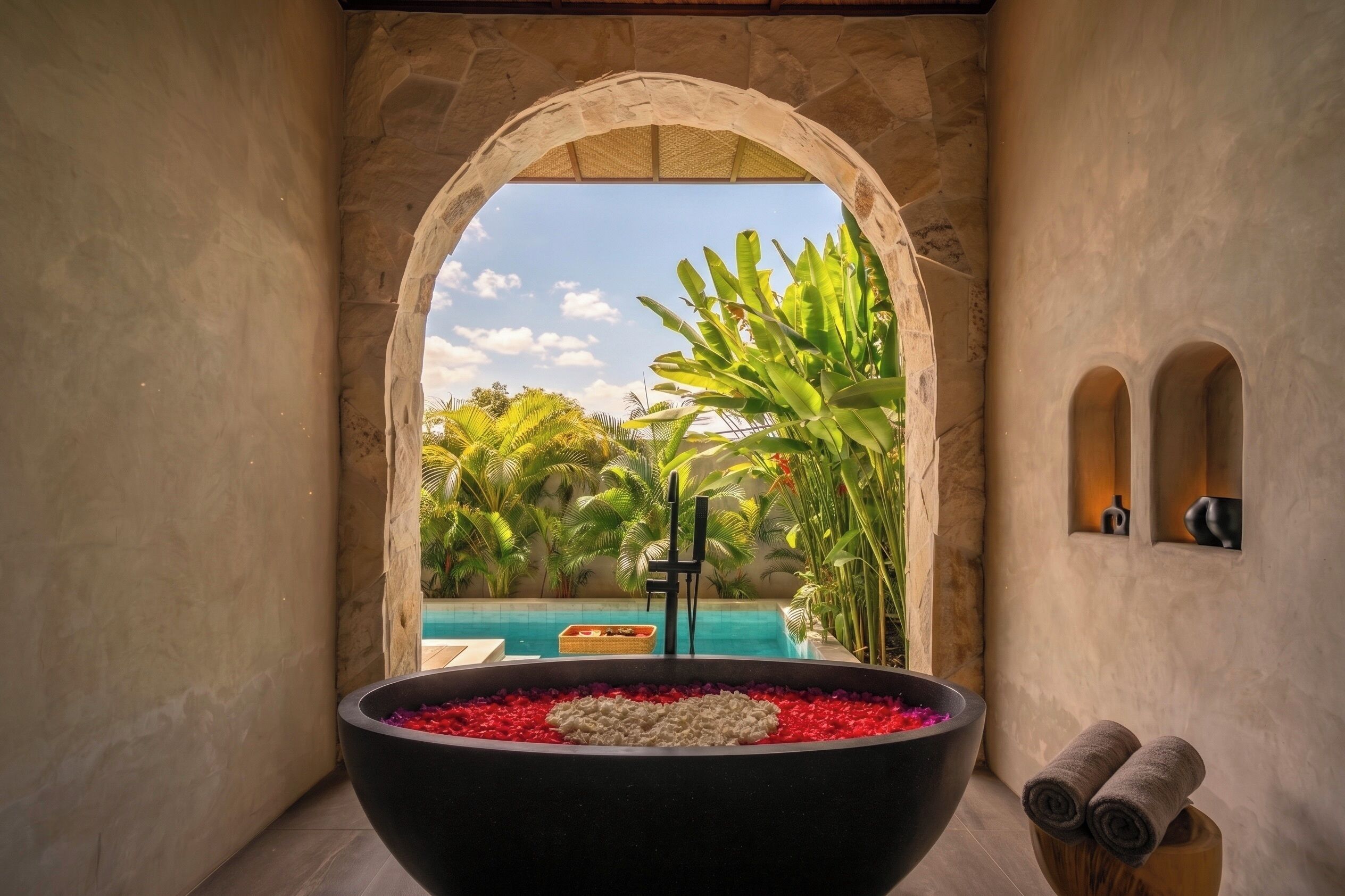 Un arco de piedra que da paso a una piscina con un cuenco negro lleno de guijarros rojos y una disposición en forma de corazón.
