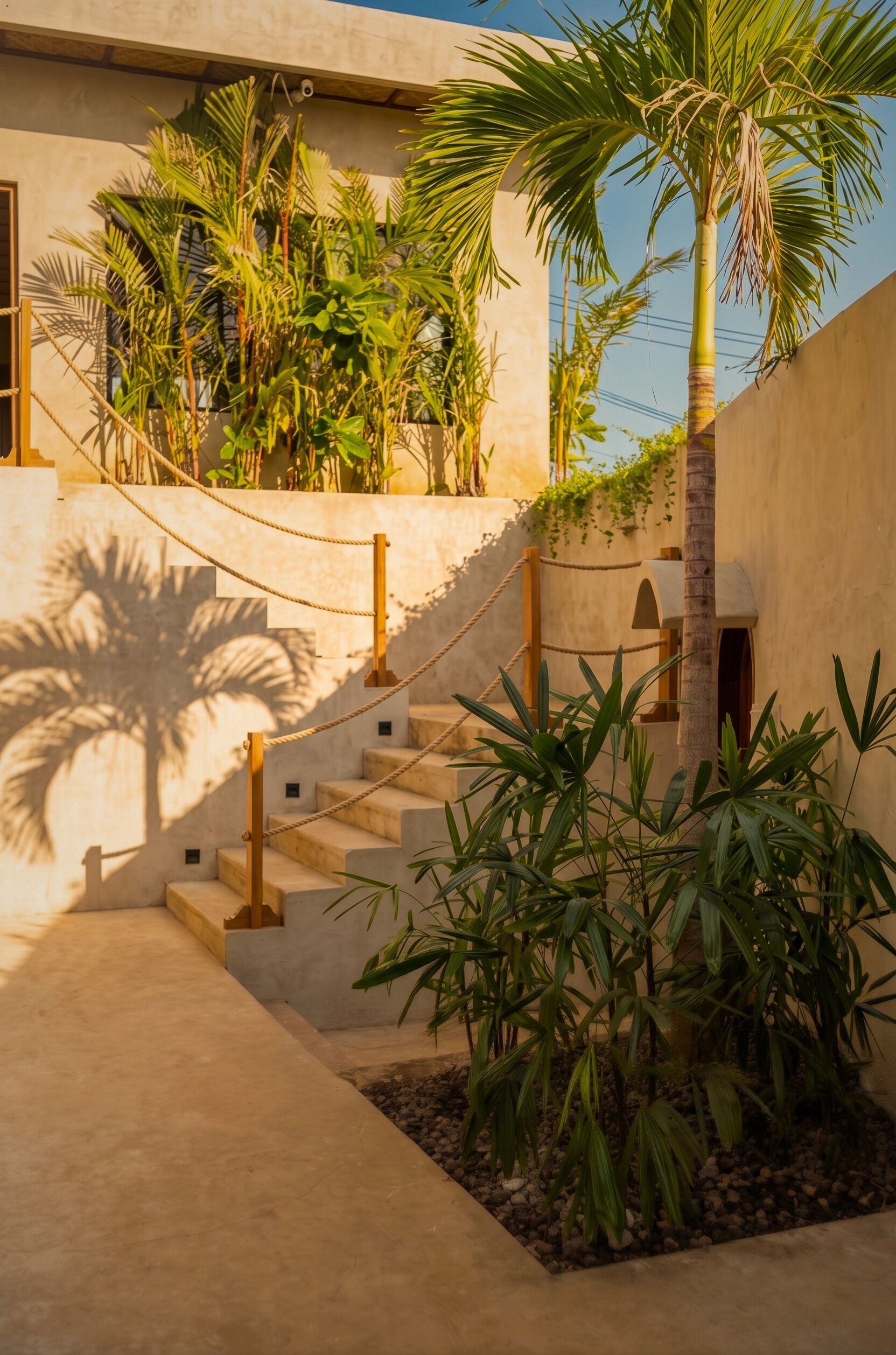 A staircase leading to a building with palm trees and a concrete pathway.