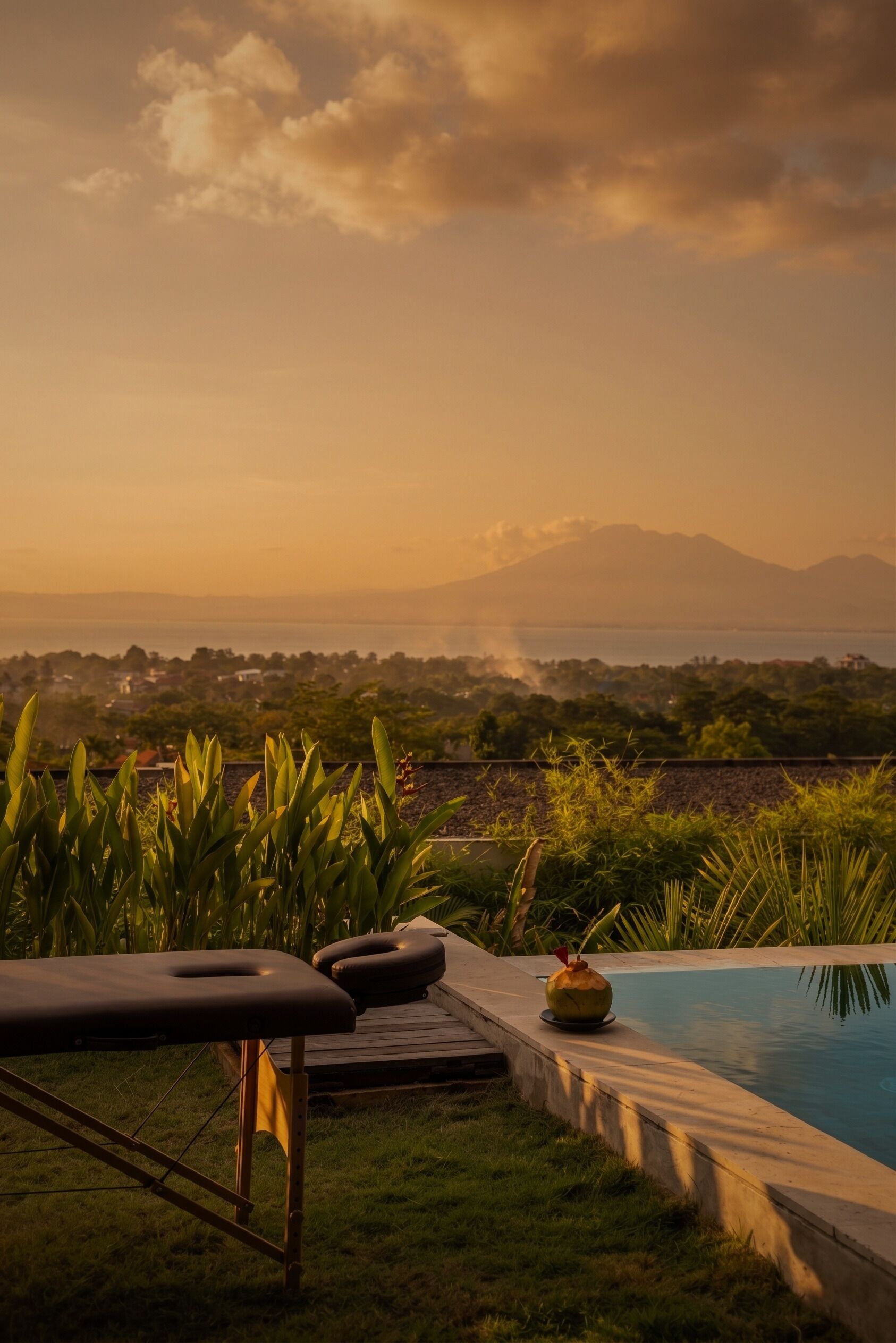 A poolside area with a massage table, lounge chairs, and a view of a landscape with mountains and a body of water.