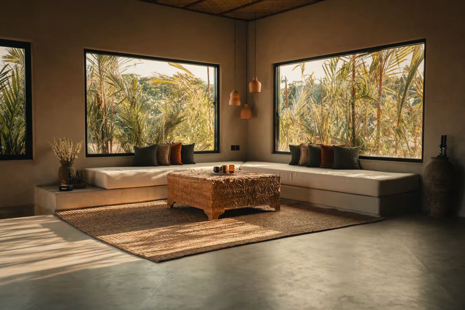 A modern living room with large windows, a woven coffee table, and a sofa with cushions.