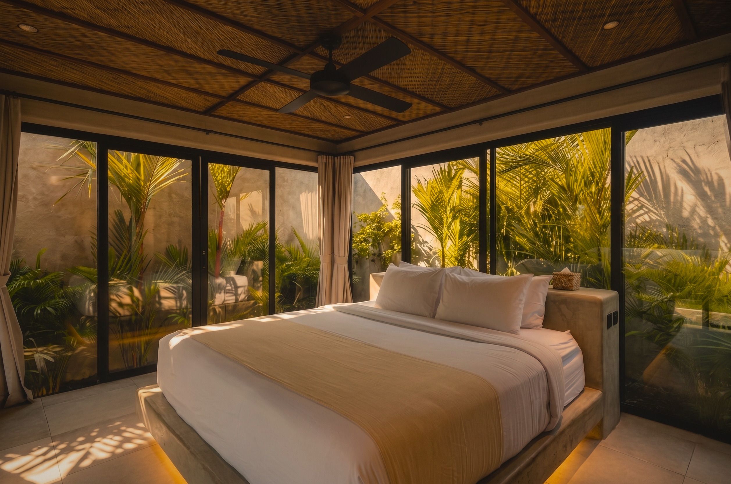 A modern bedroom with a large bed, a ceiling fan, and large windows overlooking a tropical garden.