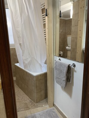Hair dryer, towels, soap, shampoo