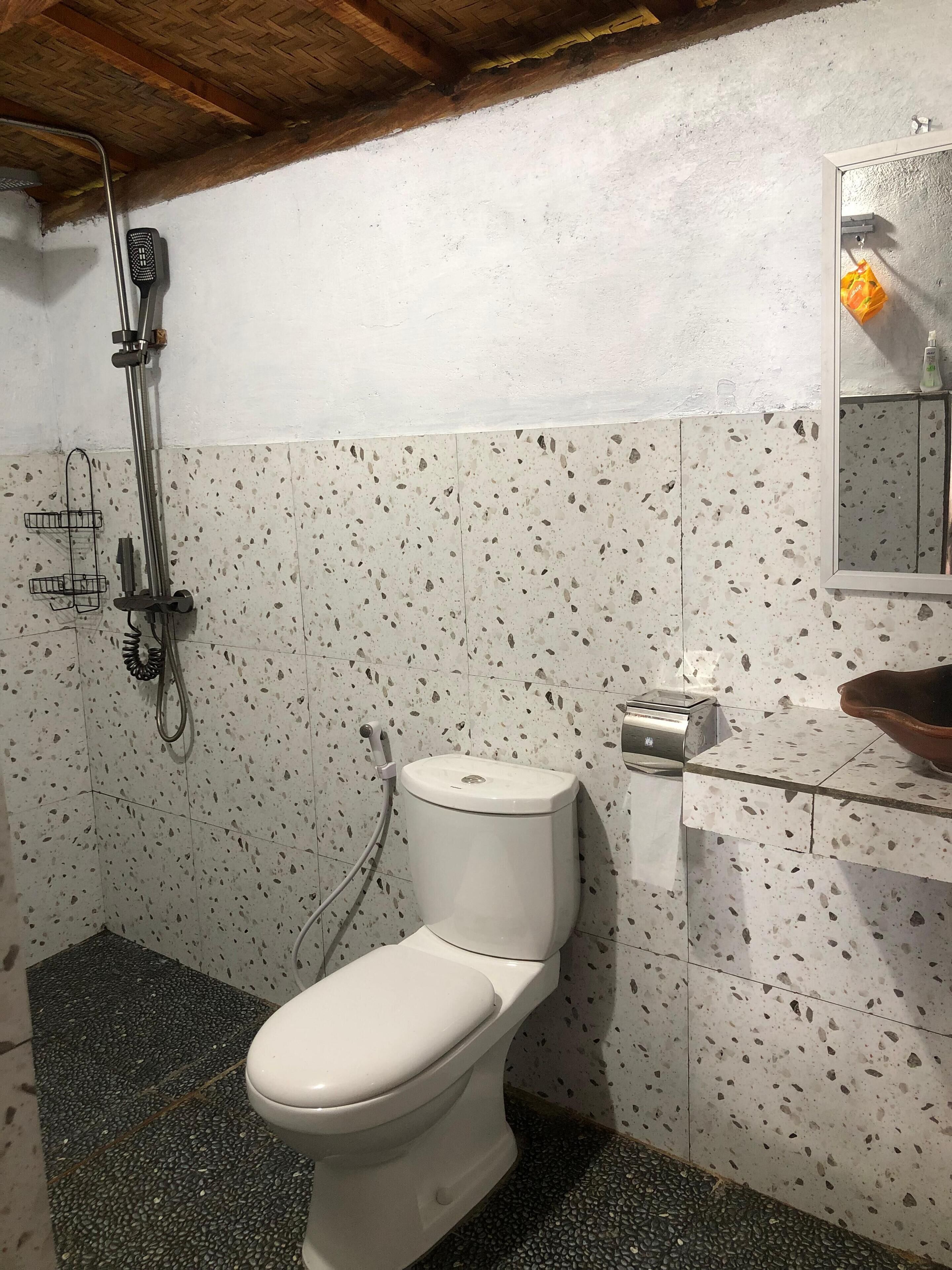Un bagno con il water, una doccia e un lavandino.