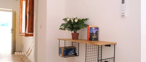 A hallway with a wooden door, a potted plant, a book, and a shoe box on a wire shelf.