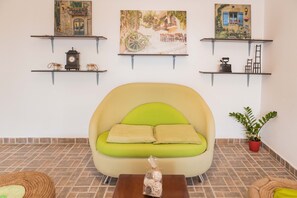 Een televisie, een open haard, een dvd-speler en boeken