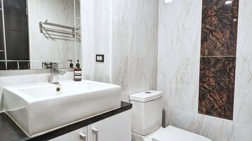 Shower, hair dryer, bidet, towels