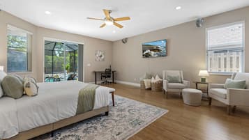 4 bedrooms, desk, iron/ironing board, travel cot