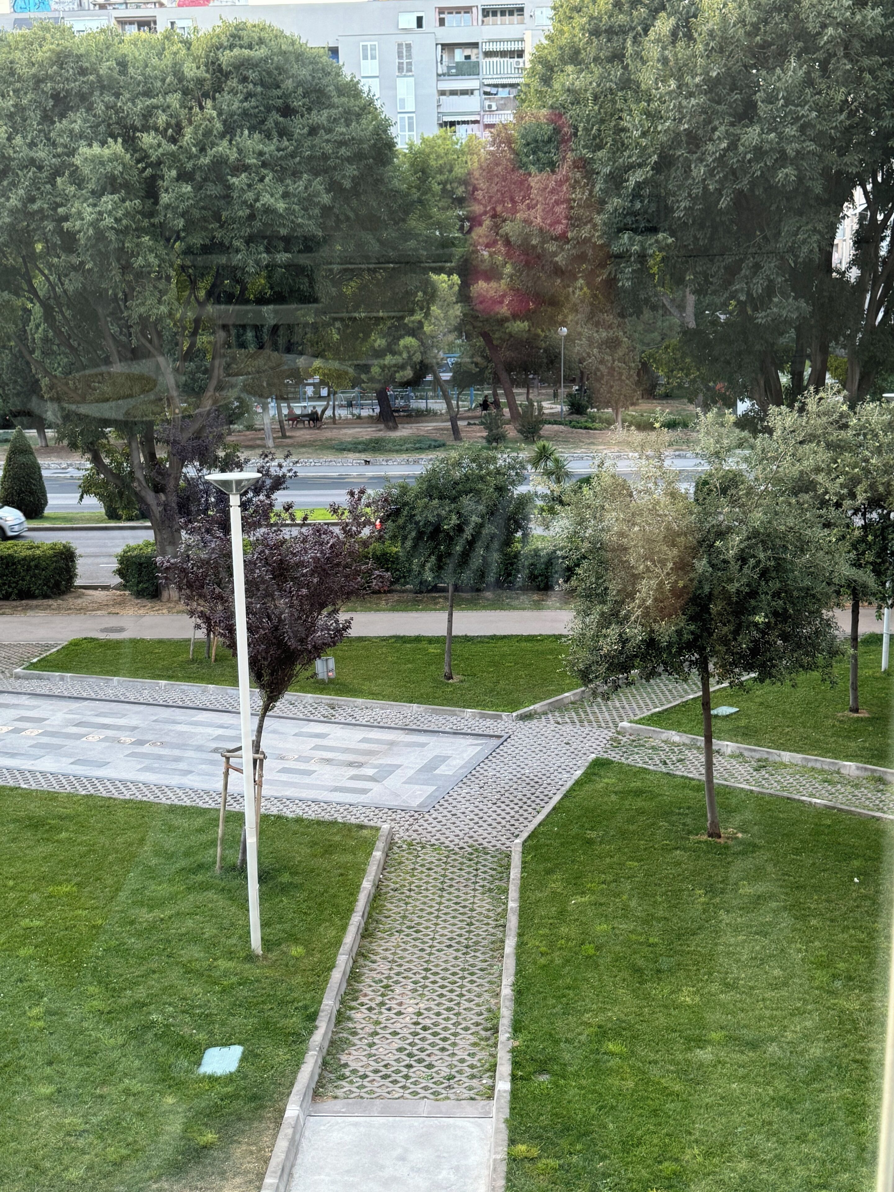 A park with a paved walkway, green grass, and trees.