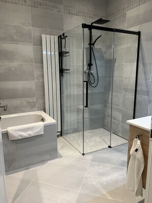 Shower, hair dryer, towels, soap