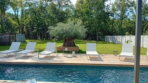 Un espace aménagé au bord de la piscine, avec des chaises longues et une terrasse en bois.