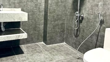 Hair dryer, bidet, towels, soap