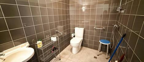 A bathroom with a toilet, sink, and shower area.