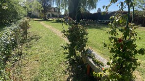 A well-maintained garden with a variety of plants and a clear path leading to a house. - Charming Home near Loire Castles - Spacious, All-Inclusive, WiFi, Parking, Garden, Sleeps 8 (Vallières-les-Grandes)