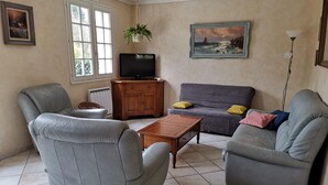 A living room with two grey leather sofas, a wooden coffee table, a television on a wooden cabinet, and a painting on the wall. - Family cottage in the heart of the Loire Castles (Oisly)