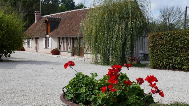 Une maison avec une allée en gravier, un grand bac en métal orné de fleurs rouges et un saule pleureur.