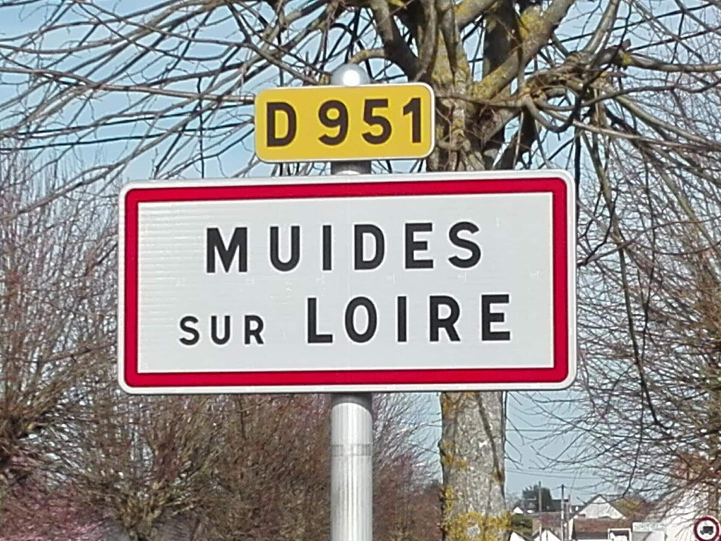 Un panneau de signalisation indiquant « MUIDES-SUR-LOIRE » et, au-dessus, un panneau jaune portant le numéro « D951 ».