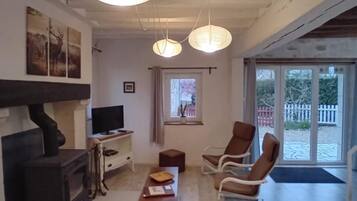 Televisie, een open haard en een dvd-speler