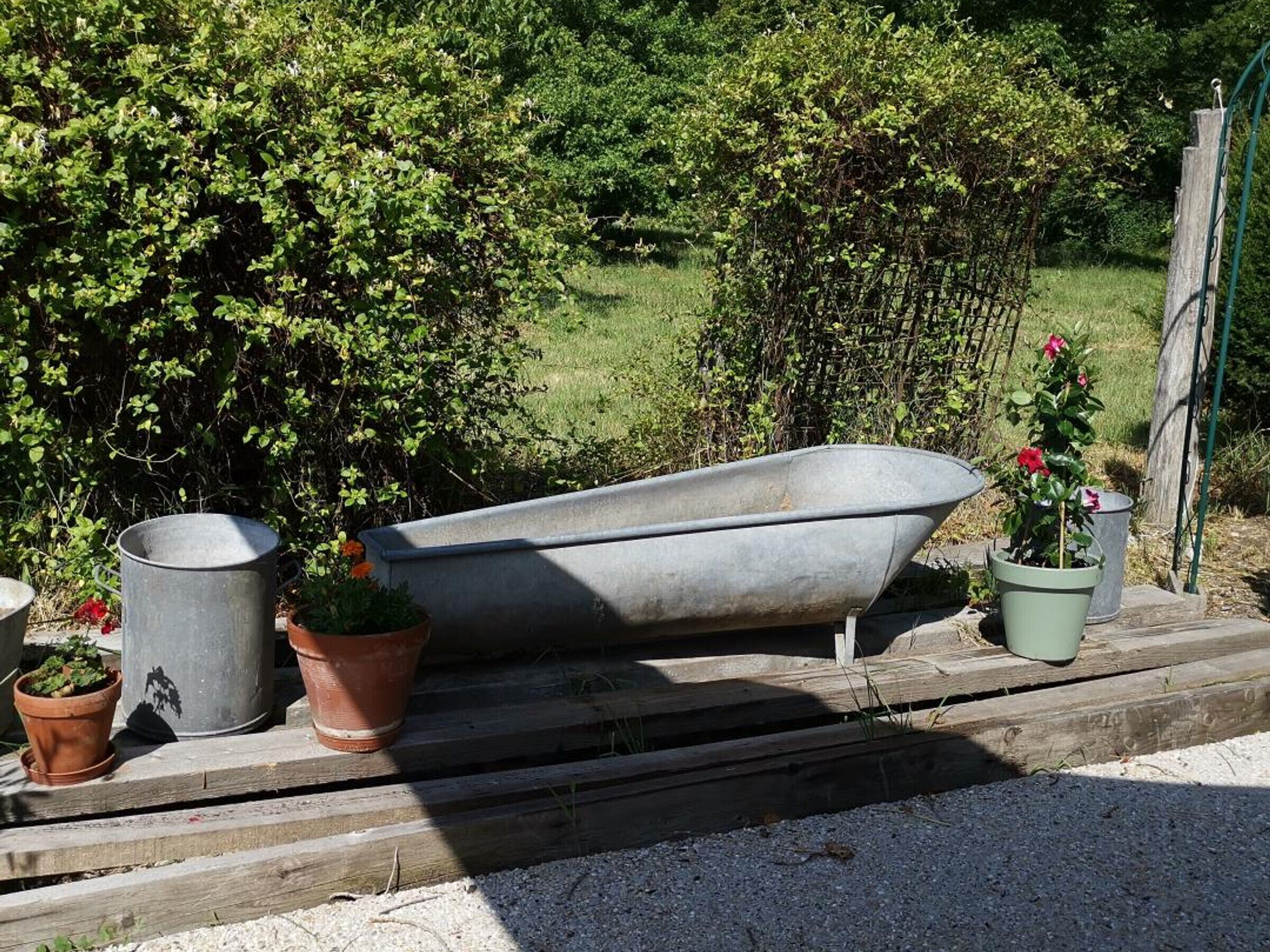 A bathtub placed outdoors on a wooden platform, surrounded by potted plants and greenery.