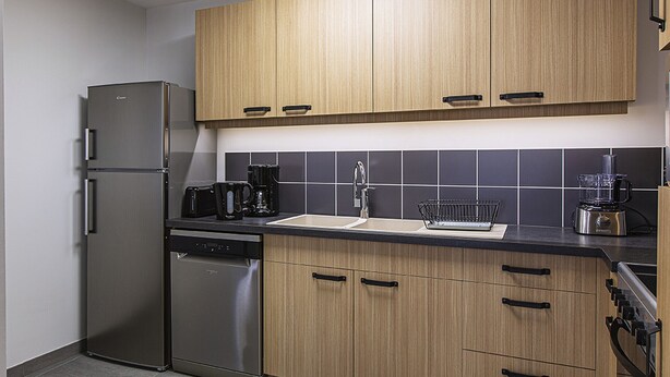 Une cuisine moderne avec des meubles en bois, un réfrigérateur en acier inoxydable, un lave-vaisselle, une machine à café et un mixeur posés sur le plan de travail.