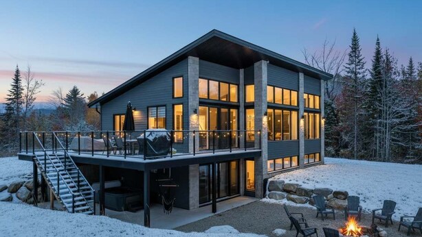 A modern multi-story house with a covered deck, outdoor seating area, and a fire pit. - Incredible View with Spa | L'Ivresse des Sommets (Saint-Côme)