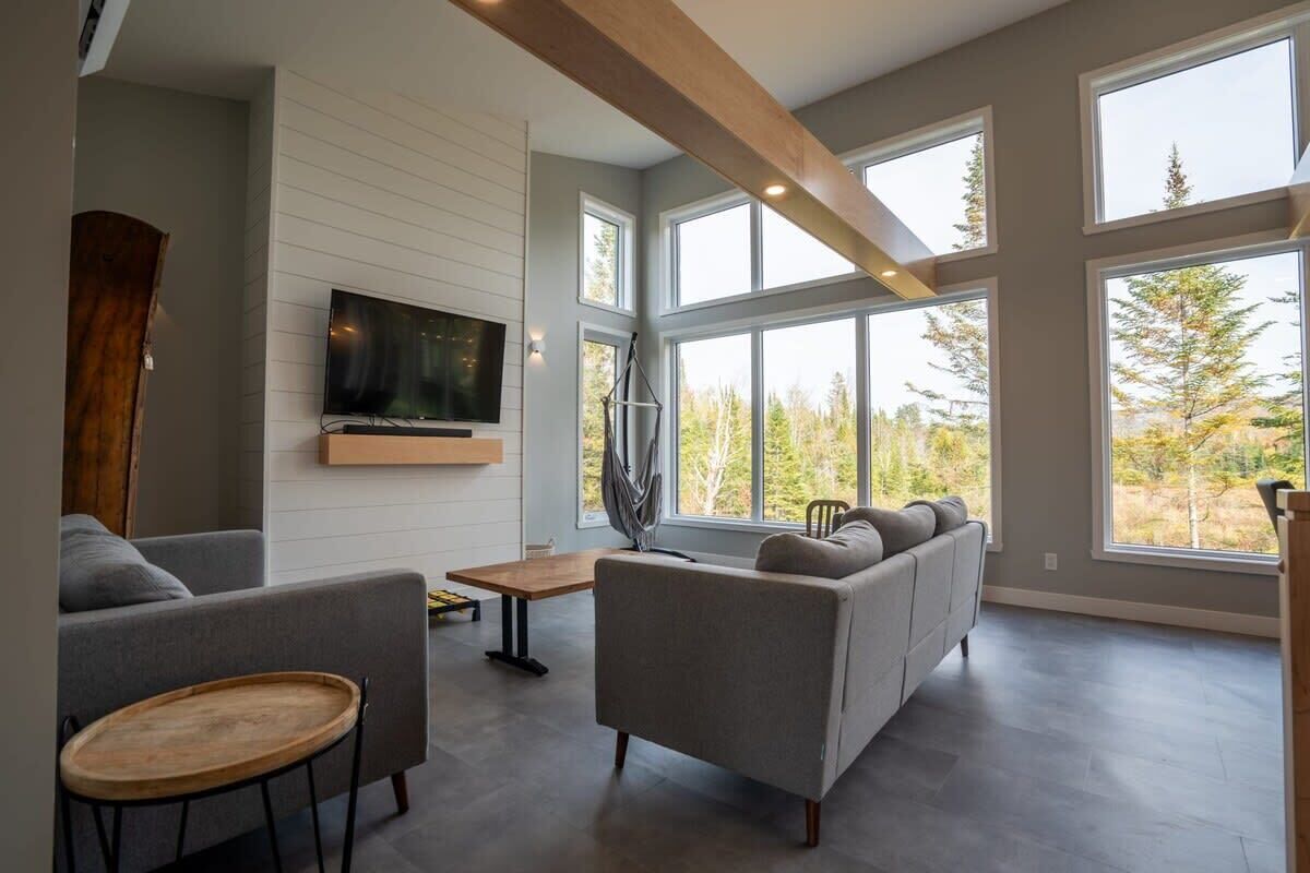 Télévision, cheminée, chaîne hi-fi