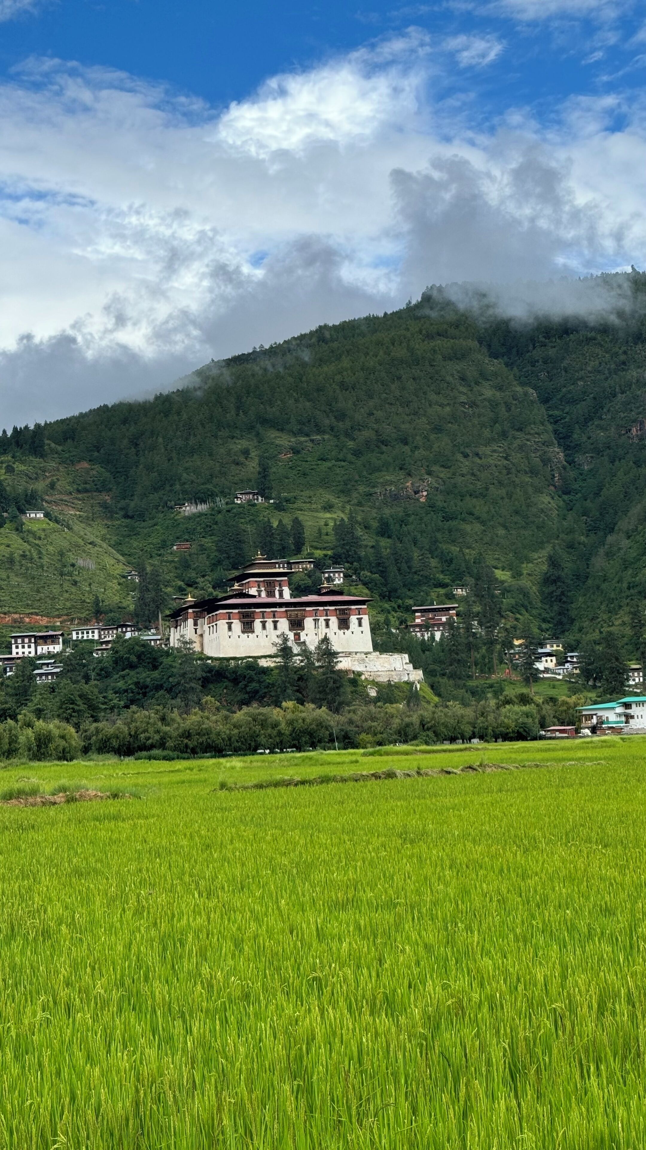 A traditional building with multiple levels and a red roof, surrounded by lush green fields and mountains.