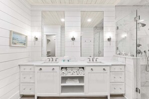 Shower, hair dryer, towels, toilet paper