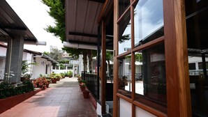 Un pasillo cubierto con plantas en macetas, ventanas amplias y un estilo arquitectónico moderno.