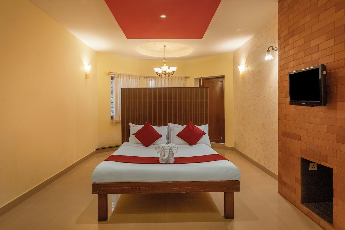 A hotel room with a large bed, a television mounted on the wall, and a fireplace.