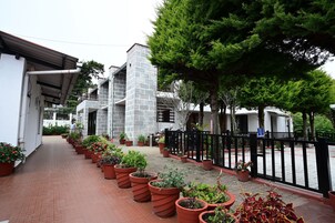 Un sendero bordeado por macetas con plantas que conduce a un edificio de fachada de piedra y valla negra.