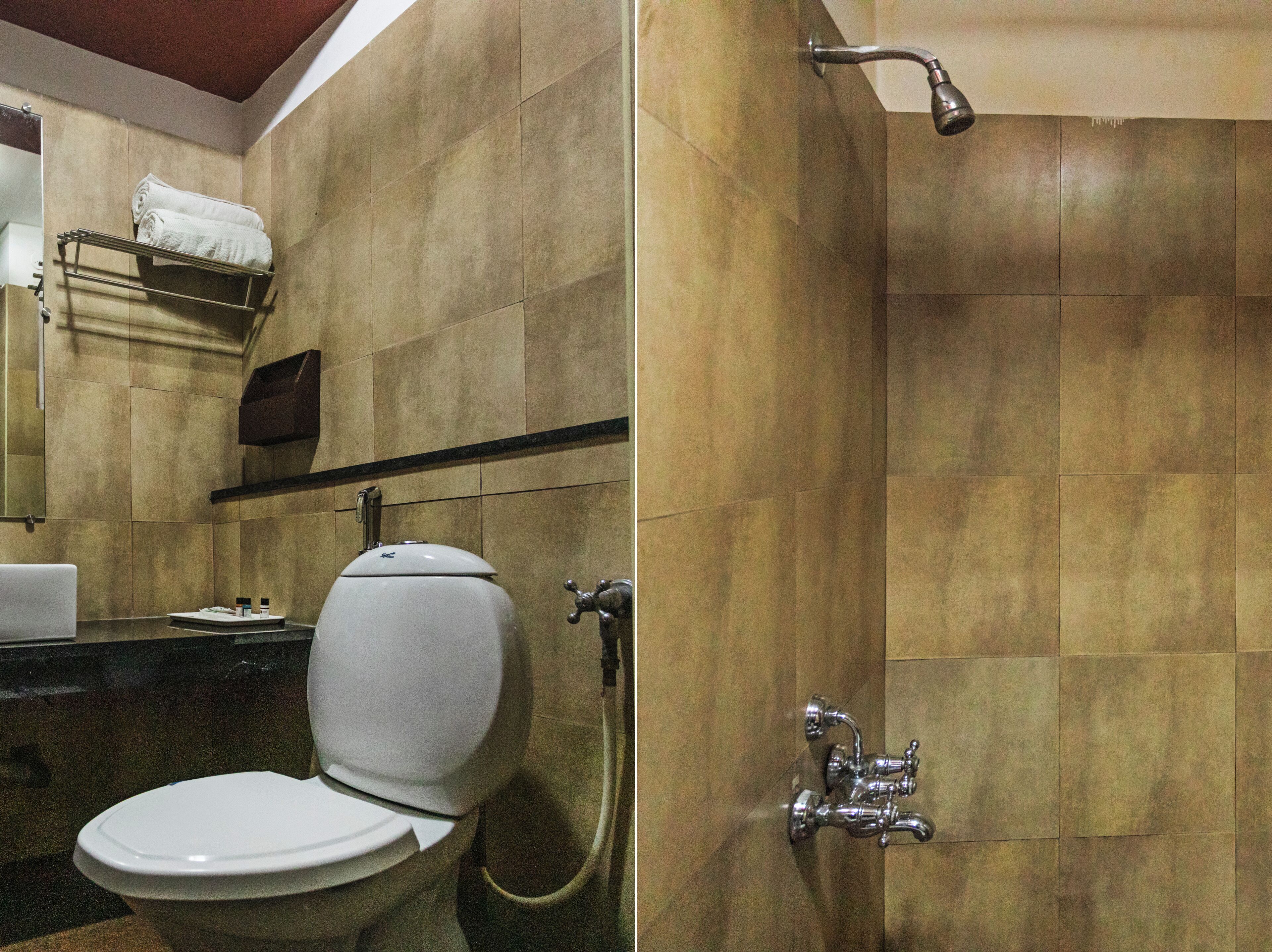 A bathroom with a toilet, a shower, and a towel rack.