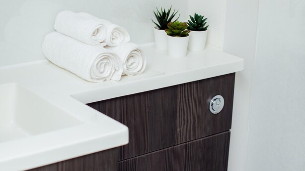 Ein Badezimmer mit einem weißen Waschbecken, einem dunklen Holzschrank und drei Blumentöpfen auf der Arbeitsfläche.