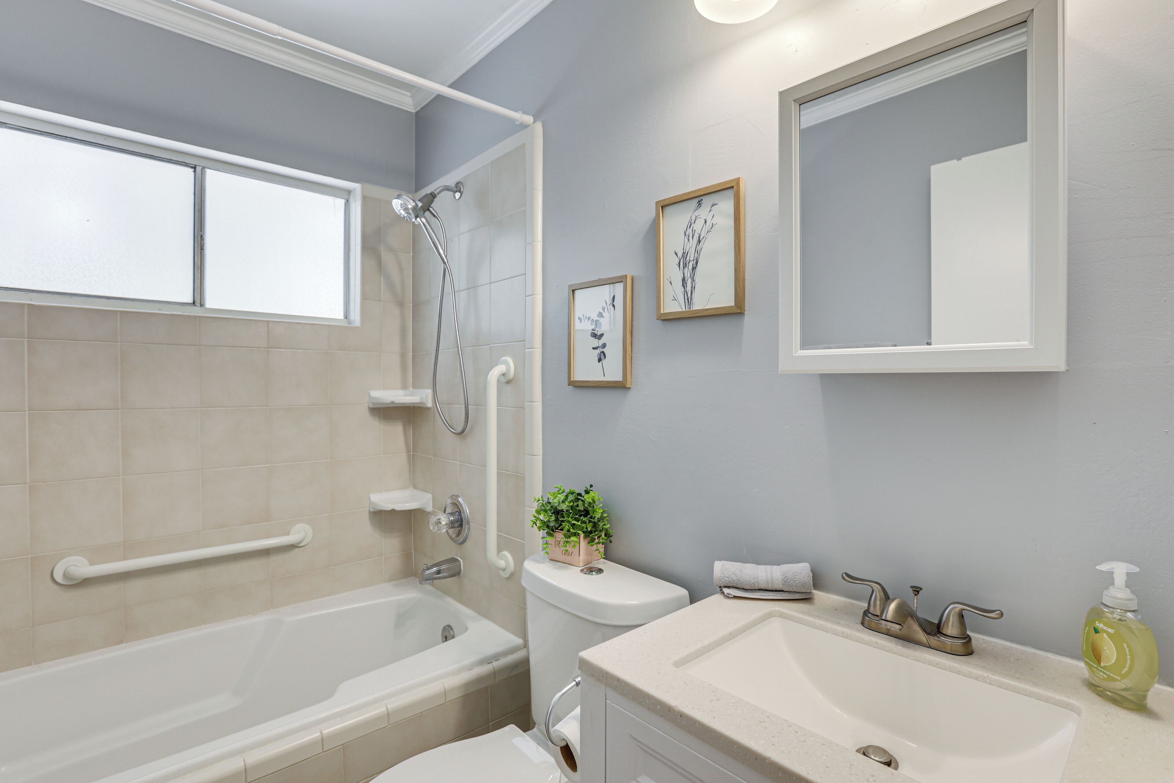 Une salle de bain avec une baignoire, un lavabo, des toilettes et une douche. Il y a des tableaux encadrés au mur et une plante en pot.