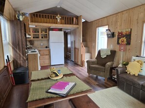 Cabin, 1 Bedroom | Living area | Smart TV, streaming services - Cabin 9 ~ Toronto Lake: Fishing, Swimming & More! 1 Bedroom Cabin by RedAwning (Toronto)