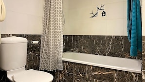 A bathroom with a toilet, shower, and bathtub.