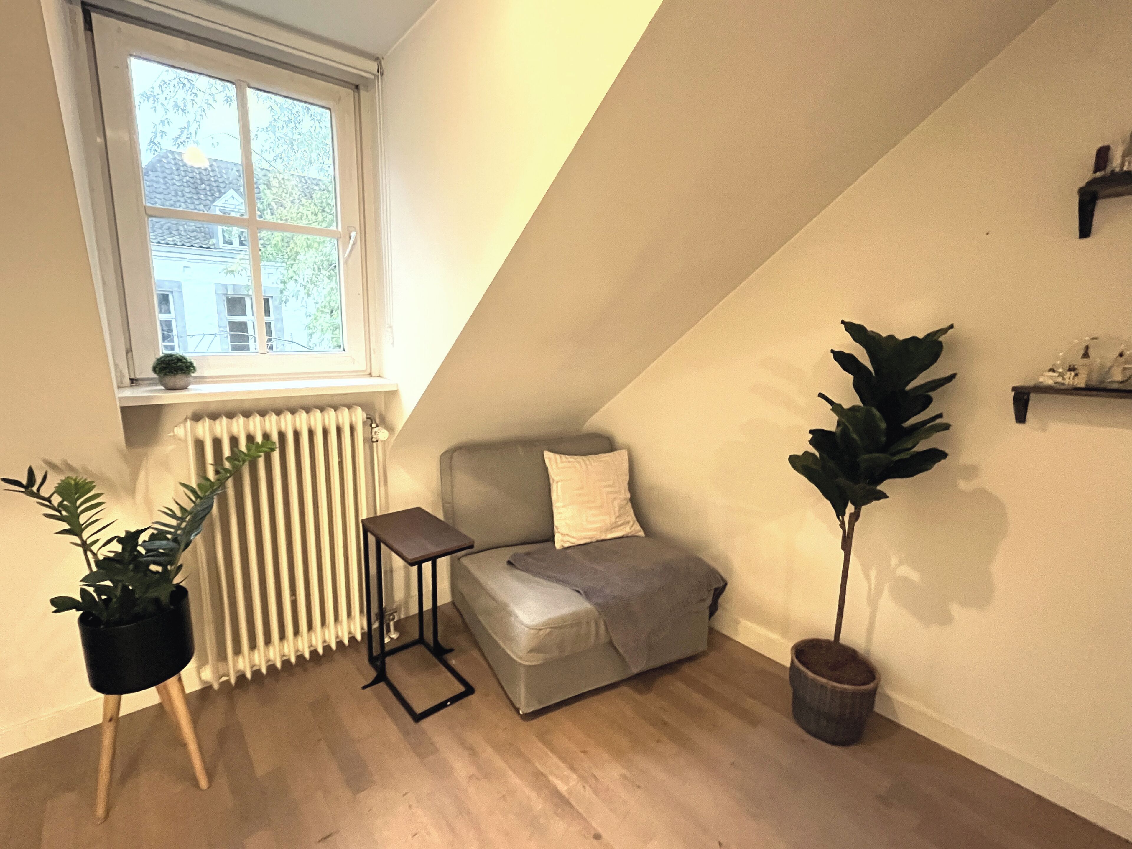 A cozy attic room with a window, a radiator, a grey sofa, a small table, and two potted plants.
