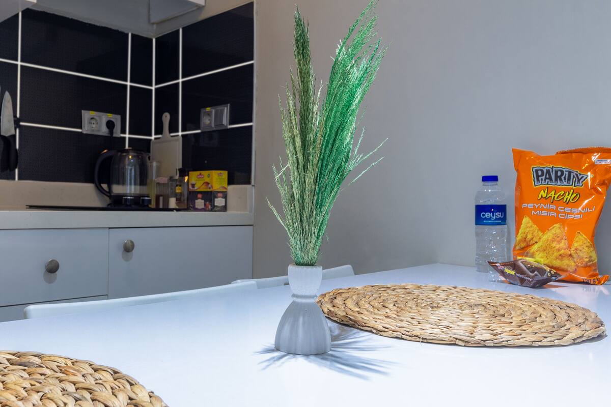 Una cocina moderna con encimera blanca, un posavasos tejido, una planta decorativa y una bolsa de papas.