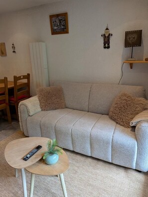 A living room with a sofa, a small round table with a plant and remote control, a wooden chair, and a wall-mounted clock.