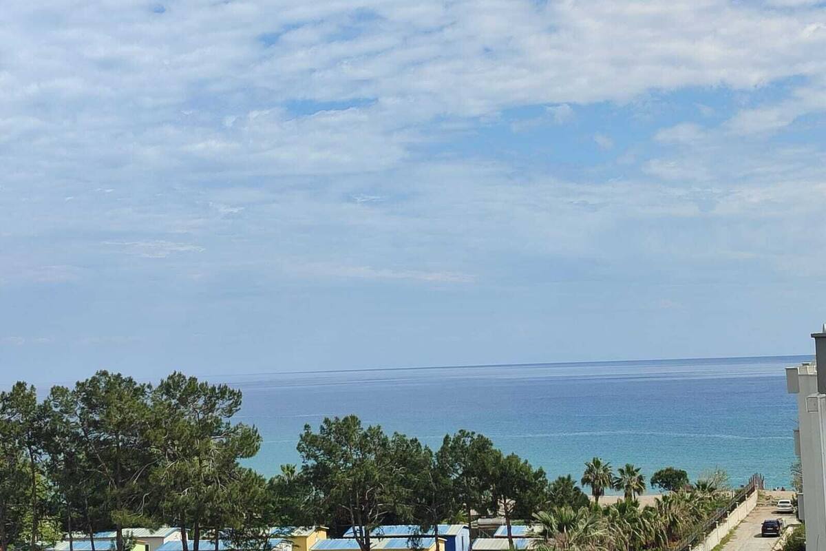 A coastal view with a clear sky, a calm sea, and a row of buildings with a visible road and parked cars.