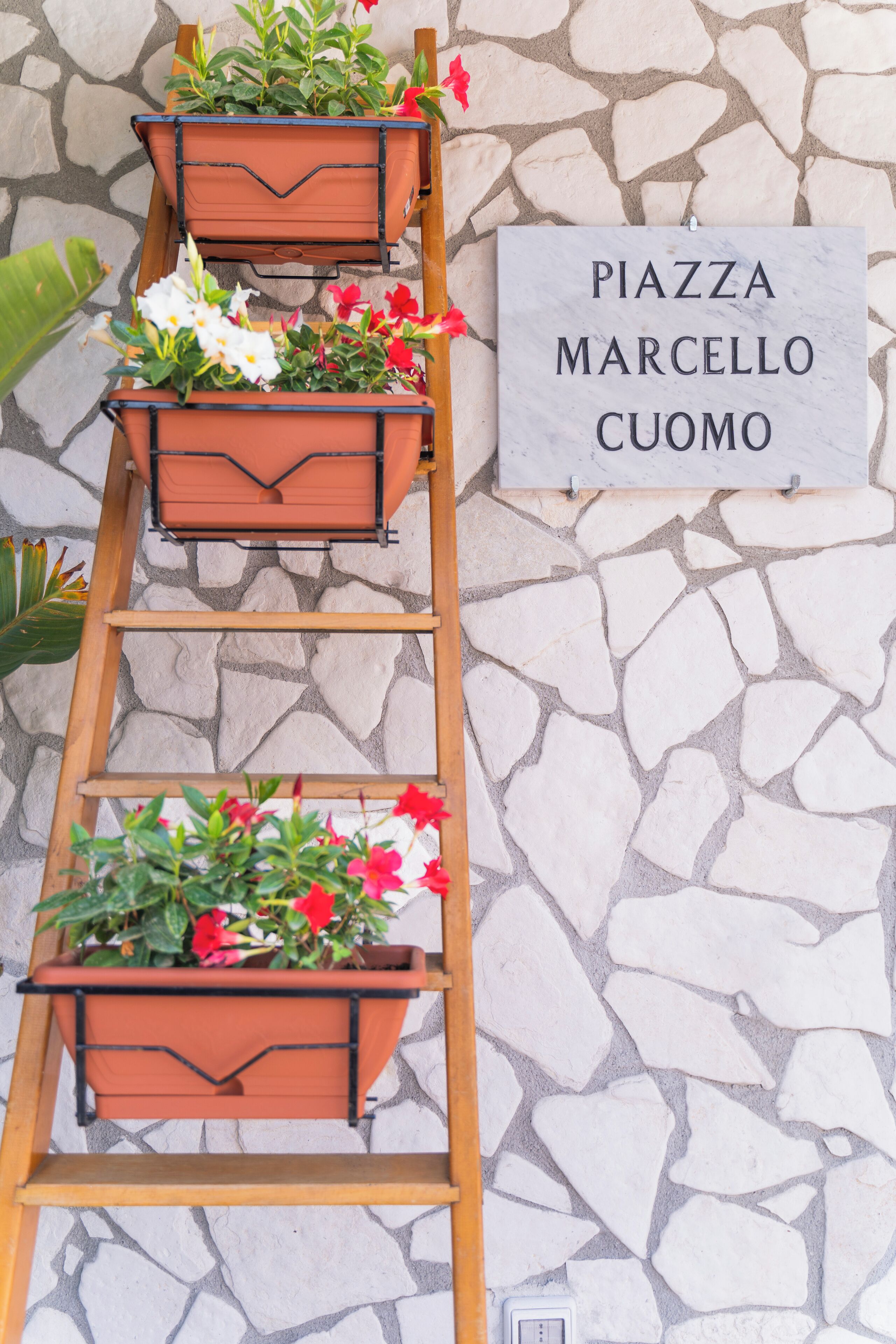 Une échelle en bois, des jardinières en terre cuite remplies de fleurs, un mur de pierre et une enseigne indiquant « PIAZZA MARCELLO CUOMO ».